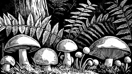 A cluster of wild mushrooms and forest plants, suitable for botanical prints, fairy-tale themes, or nature studies vector a black and white line art illustration