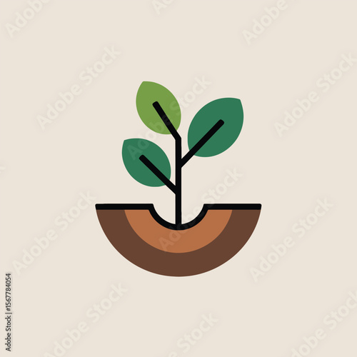 Simple Line Art Illustration of a Young Plant Growing from Brown Soil Depicted in a Minimalist Style with Green and Brown Color Palette Representing Growth and Nature