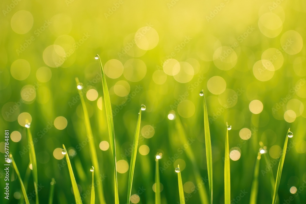 Obraz premium Morning dew droplets on the grassy field