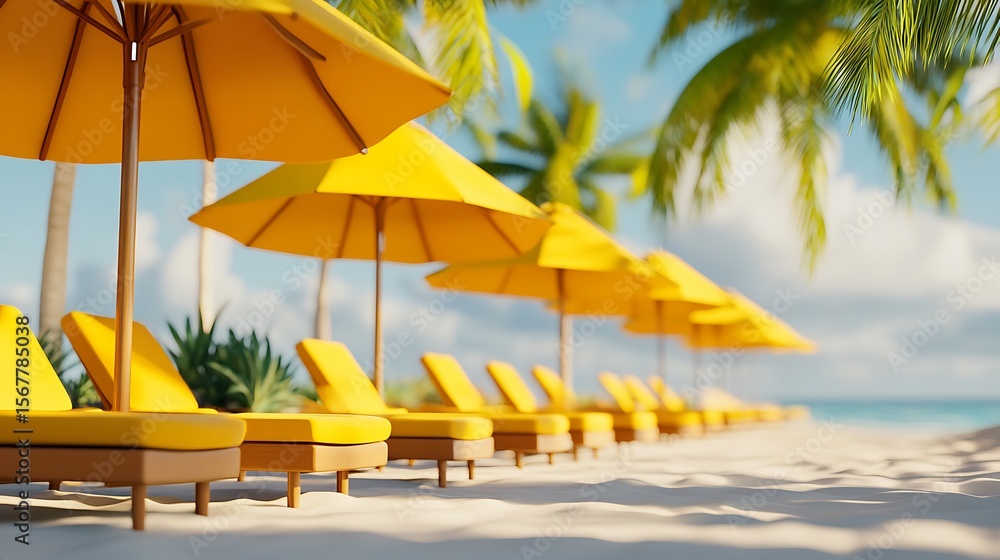 Naklejka premium Relaxing beach lounge setup with turquoise sea backdrop high resolution picture