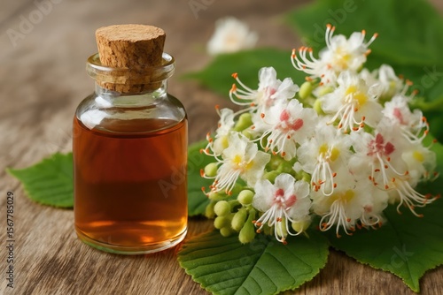 Wallpaper Mural Close-up of chestnut flower extracts in a bottle on a table, macro shot in landscape orientation Torontodigital.ca