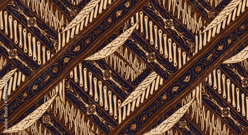 Batik Parang Pattern: Indonesian Traditional Textile, Diagonal Brown & Navy Blue Design with Classic Motifs, Seamless Batik Art: Repeating Motif of Parang and Floral Elements in Earthy Tones