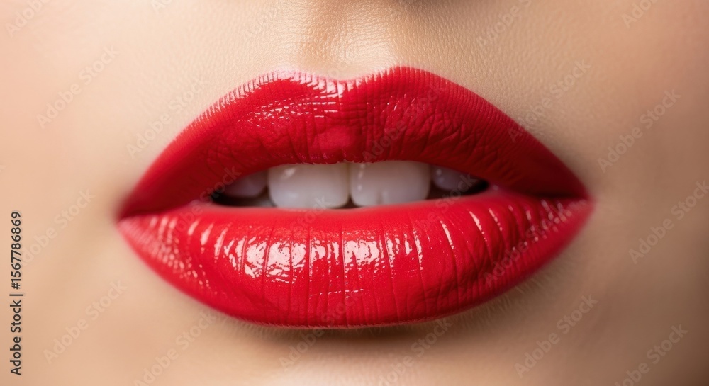 Obraz premium Woman's glossy red lips close up. Sensual mouth with bright lipstick. Beauty product advertising for cosmetic concept.