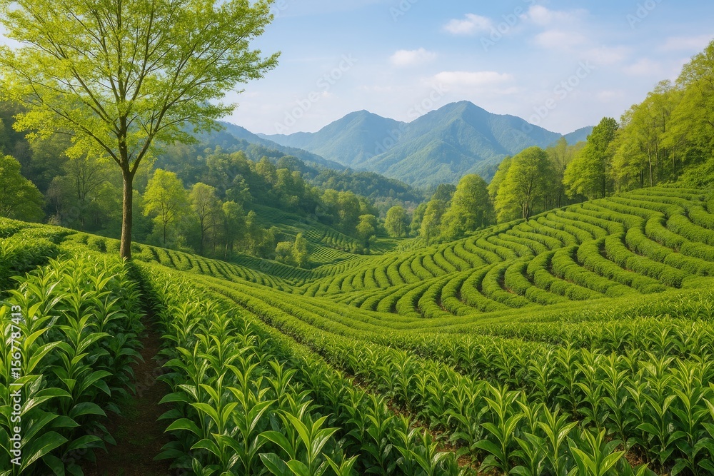Naklejka premium Mountainous area with tea cultivation