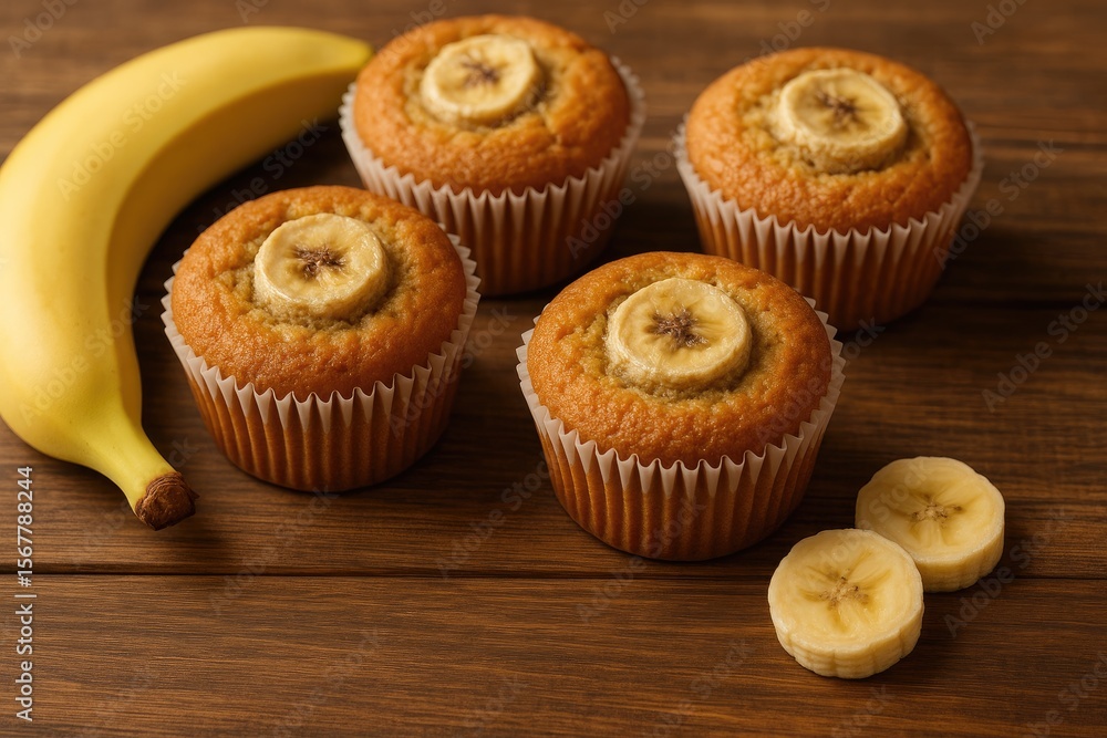 Delicious banana cupcakes displayed on a rustic wooden surface Delicious banana cupcakes displayed on a rustic wooden surface