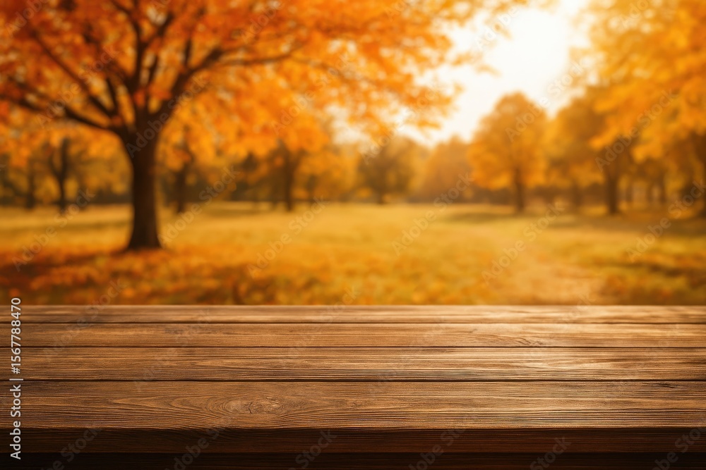 Table with a spacious background and an autumn scenery Table with a spacious background and an autumn scenery