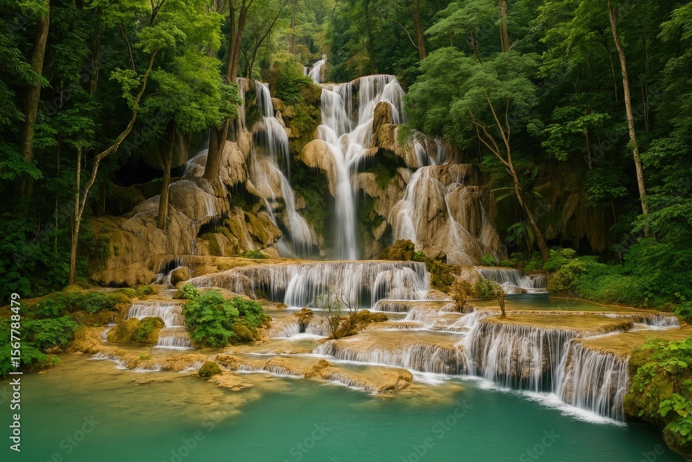 Fototapeta premium Discovering the Stunning Cascades of Tat Kuang Si in Southeast Asia