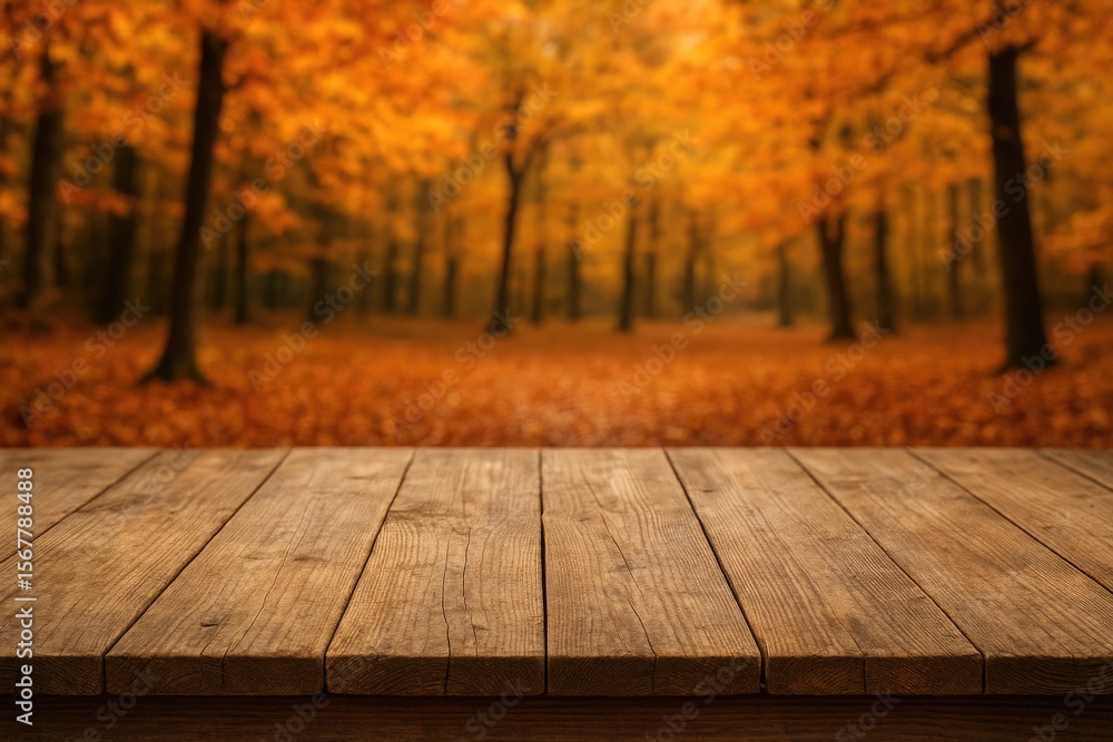 Fototapeta premium Autumn woodland scene with a table and fallen leaves, ample space for customization.