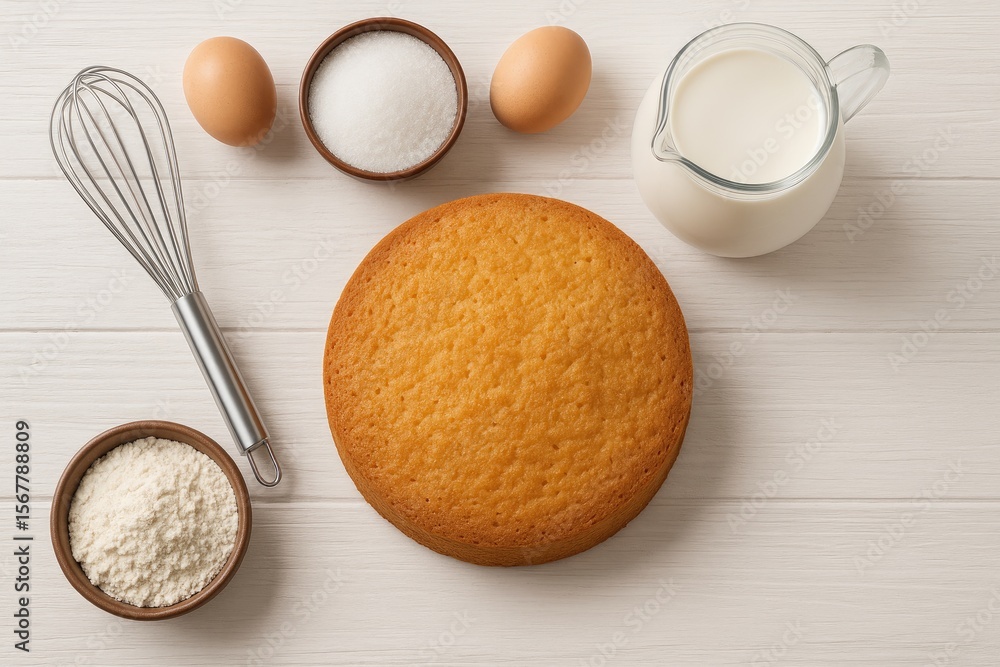 Delicious fluffy cake with baking tools and ingredients arranged on a white wooden surface Delicious fluffy cake with baking tools and ingredients arranged on a white wooden surface