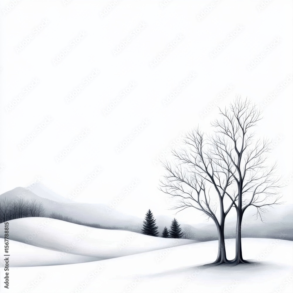 Fototapeta premium Serene Winter Landscape with Bare Trees and Snow-Covered Hills