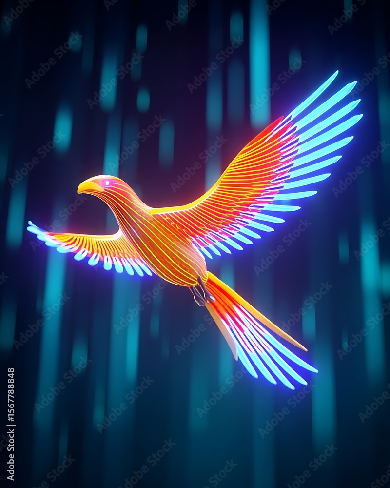 Fototapeta premium 3D futuristic phoenix flying through a digital cosmic storm with glowing wings