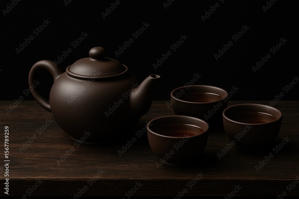 Elegant clay tea set displayed against a dark backdrop with gentle lighting highlighting its sophistication Elegant clay tea set displayed against a dark backdrop with gentle lighting highlighting its sophistication