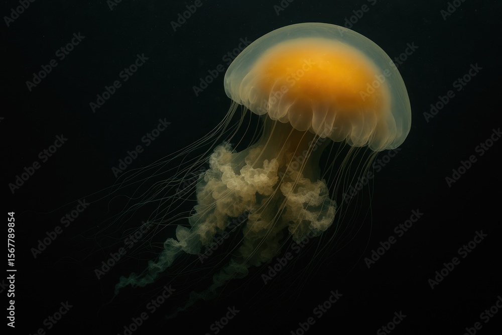 Fototapeta premium Illuminated Egg Yolk Jellyfish in the Shadowy Depths of a Coastal Sound