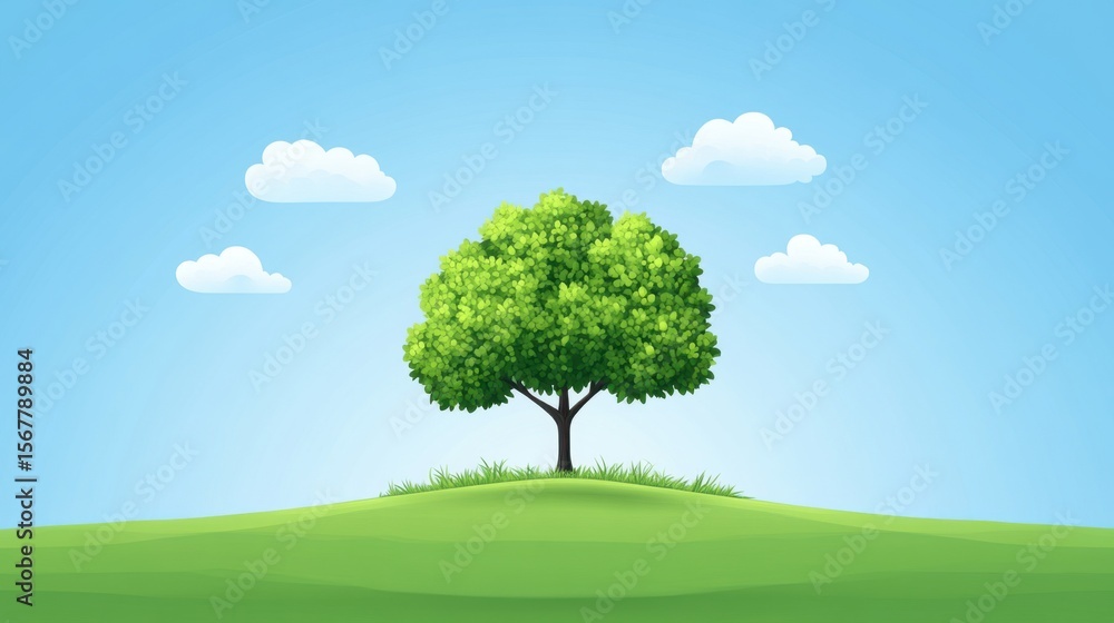 Fototapeta premium Lush Green Tree on a Rolling Hill Beneath a Bright Blue Sky with Clouds