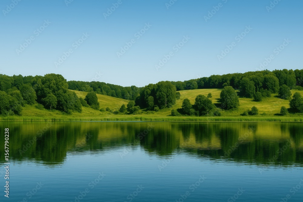 Serene summer scene featuring a tranquil lake surrounded by vibrant yellow and green hills under a bright blue sky Serene summer scene featuring a tranquil lake surrounded by vibrant yellow and green hills under a bright blue sky