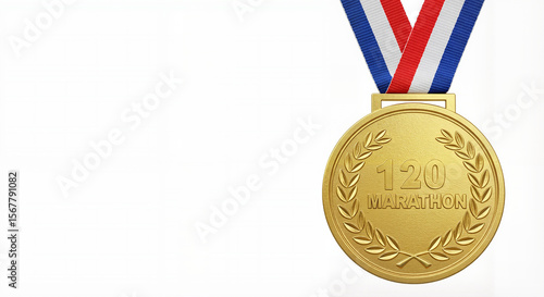 Gold marathon medal with number 120 and laurel design on colorful ribbon on white background