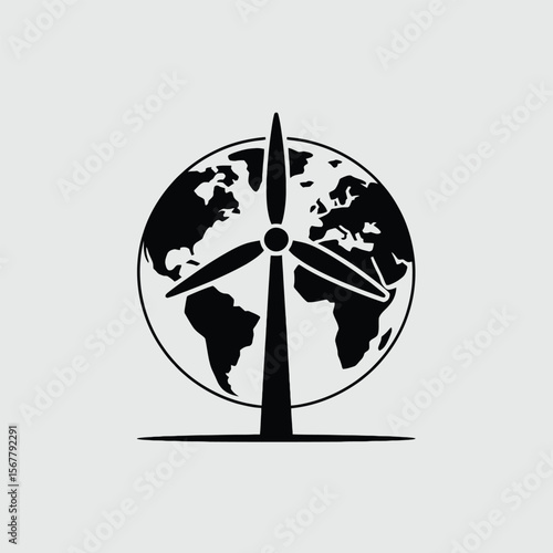 Black and white illustration of a wind turbine positioned centrally over a stylized Earth globe graphic simple design renewable energy concept