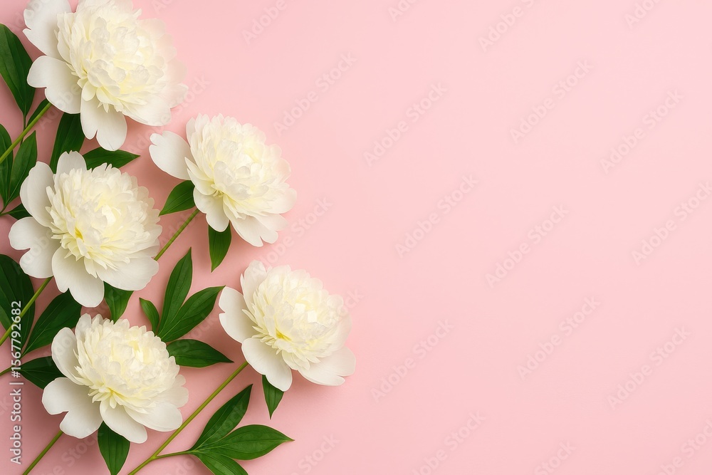 Fototapeta premium Elegant white floral banner featuring pink backdrop and space for custom text, ideal for web design and series templates