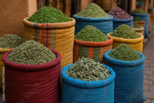Herbal bundles stored in spacious fabric bags at a bustling marketplace