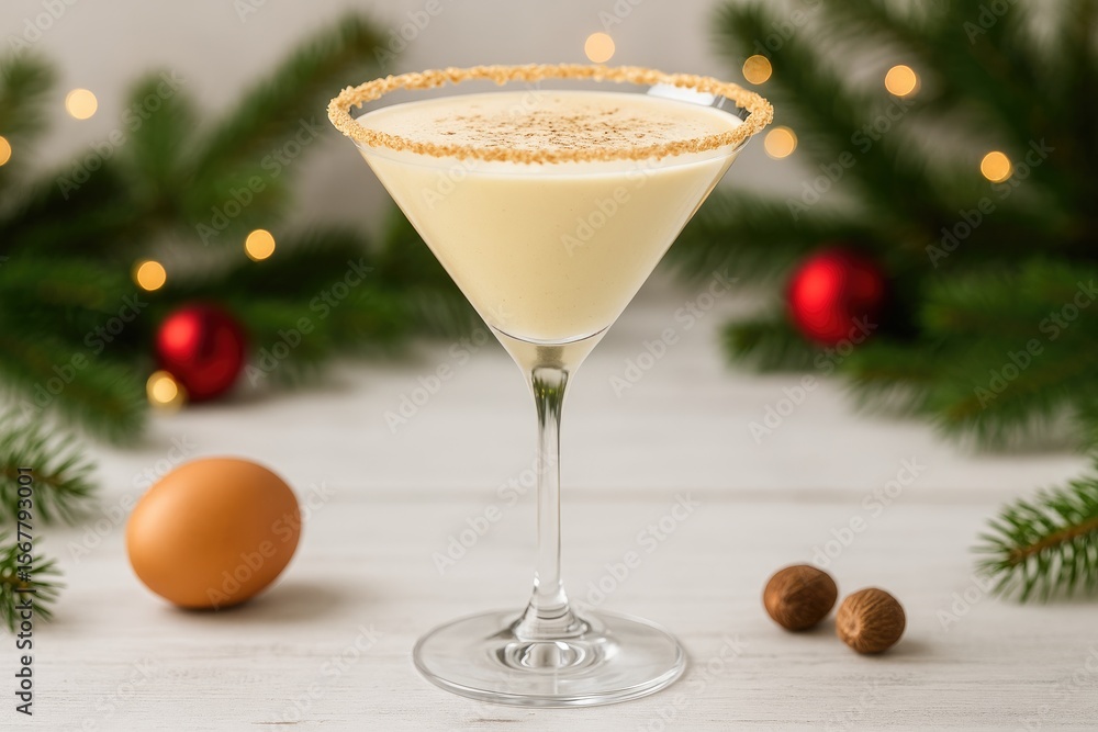 Festive Homemade Eggnog Martini Served in a Glass for Celebration Festive Homemade Eggnog Martini Served in a Glass for Celebration