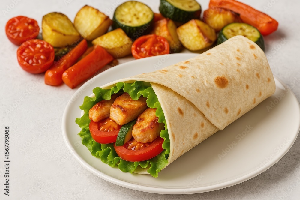 Delicious homemade chicken wrap paired with roasted veggies Delicious homemade chicken wrap paired with roasted veggies
