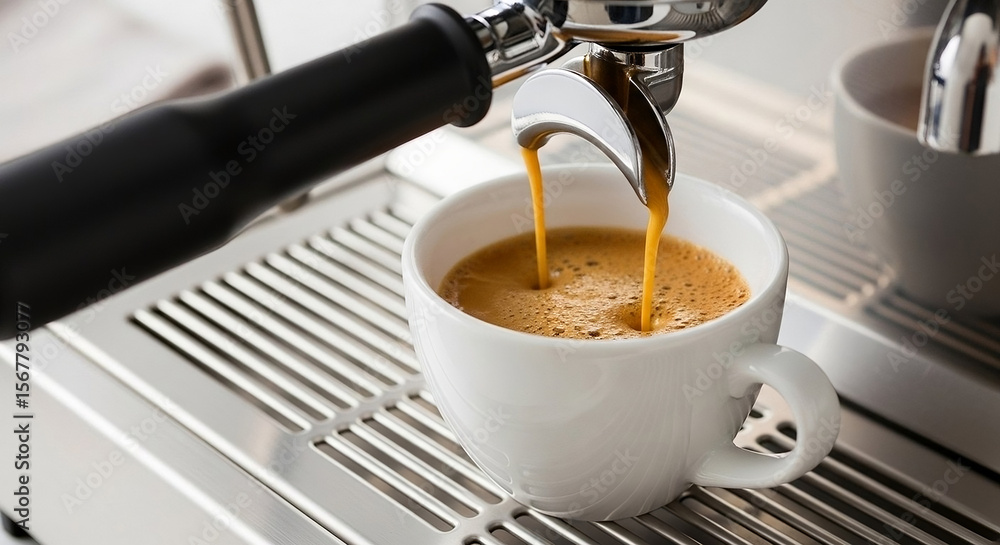 A close-up shot of rich, golden espresso pouring from a professional machine's portafilter into a white ceramic cup, creating a perfect crema. A close-up shot of rich, golden espresso pouring from a professional machine's portafilter into a white ceramic cup, creating a perfect crema.