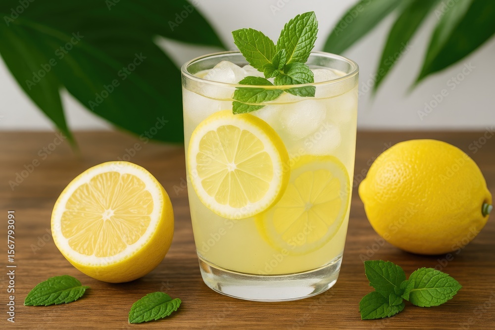 Close-up of a homemade cooling beverage with lemon and mint herbs Close-up of a homemade cooling beverage with lemon and mint herbs