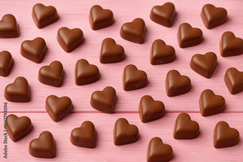 Fototapeta premium Pink wooden table with heart-shaped chocolate confections