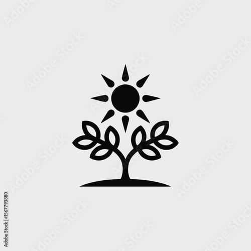 Black and White Stylized Sun Shining on a Simple Plant with Leaves Growing from the Ground Minimalist Line Art Graphic Design Element