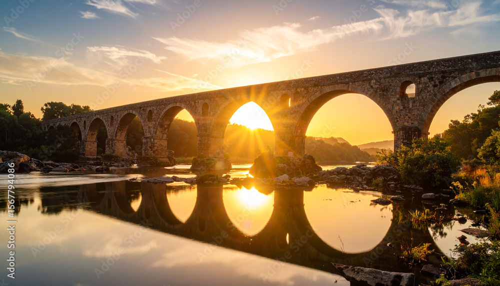 Fototapeta premium Stone bridge over river with reflection 