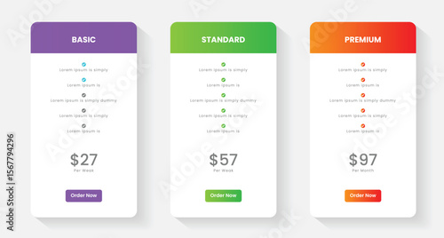Pricing plans table, pricing chart, price list for web or app. Ui UX pricing design tables with tariffs. Product comparison business web plans. Subscription features checklist and business plans.
