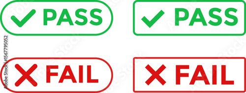 pass fail icon set. Includes tick symbols in green and cross symbols. Green check mark and red cross icons. positive and negative sticker design
