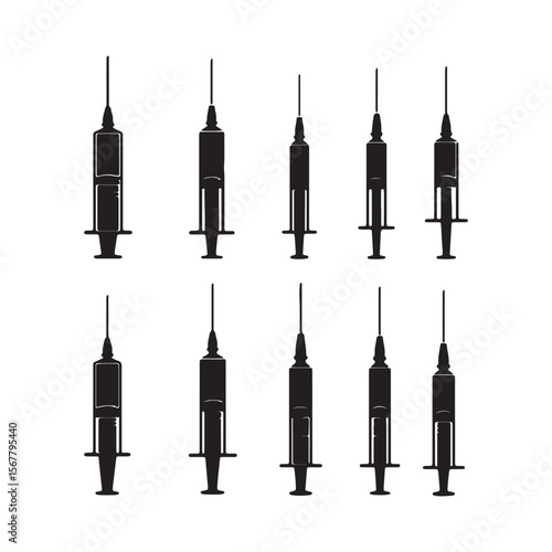 Black medical syringes with needles and plungers arranged in two rows health injection
