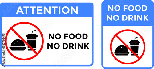 Prohibition of eating and drinking.  No food or drink. prohibited sign. Junk food not allowed inside. Red circle restriction. unhealthy fast food symbol