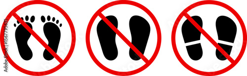 no footprint icon set. No walking area icons. Red circle restriction. prohibited sign. footstep prints steps symbol
