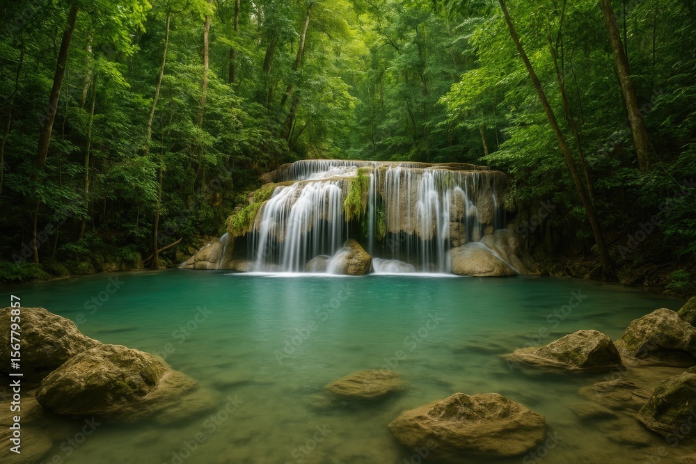 Fototapeta premium Tropical rainforest scene featuring a waterfall flowing into a vibrant blue pond amidst lush rocks