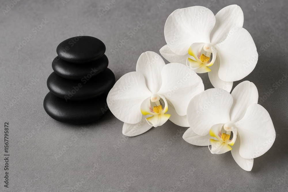 Spa stones accompanied by delicate white orchid blossoms. Dark stones set against a gray backdrop, ideal for adding text. Spa stones accompanied by delicate white orchid blossoms. Dark stones set against a gray backdrop, ideal for adding text.