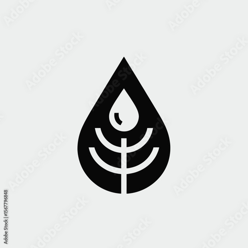 Black and White Water Drop Logo Design Featuring a Stylized Plant or Tree Inside a Teardrop Shape Simple Minimalist Icon Graphic for Branding or Corporate Identity