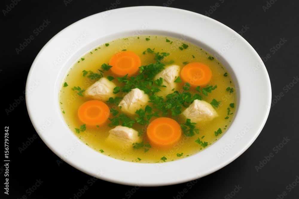 Creamy soup served in a white dish against a dark backdrop Creamy soup served in a white dish against a dark backdrop