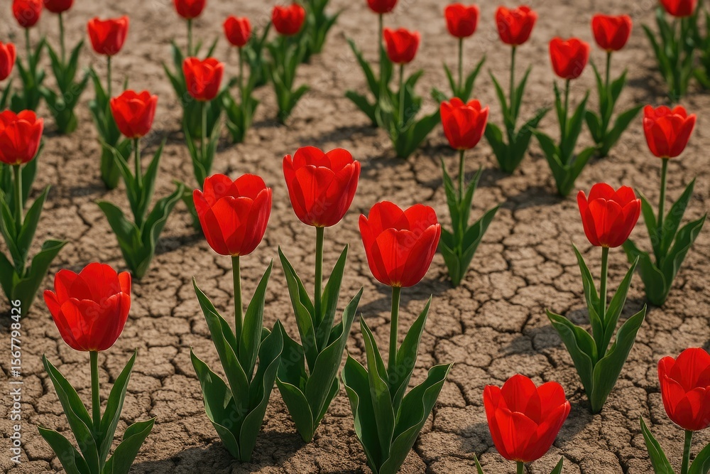 Naklejka premium Vivid red tulips blooming in a dry landscape