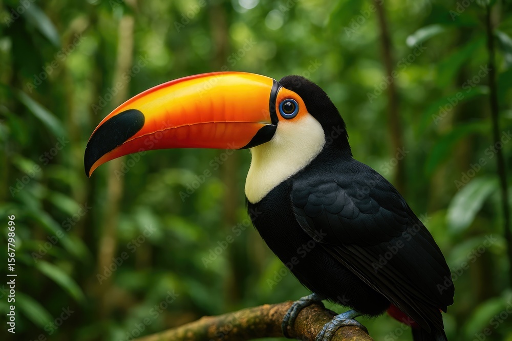 Naklejka premium Colorful toucan perched against lush greenery