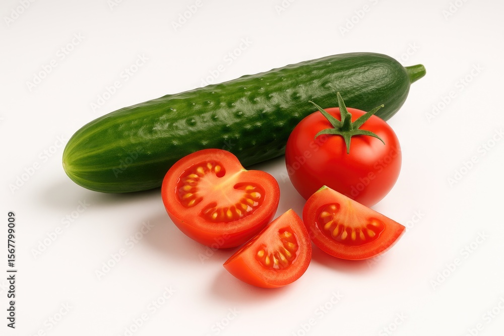 Fresh vegetables featuring tomatoes and cucumbers on a plain white backdrop Fresh vegetables featuring tomatoes and cucumbers on a plain white backdrop
