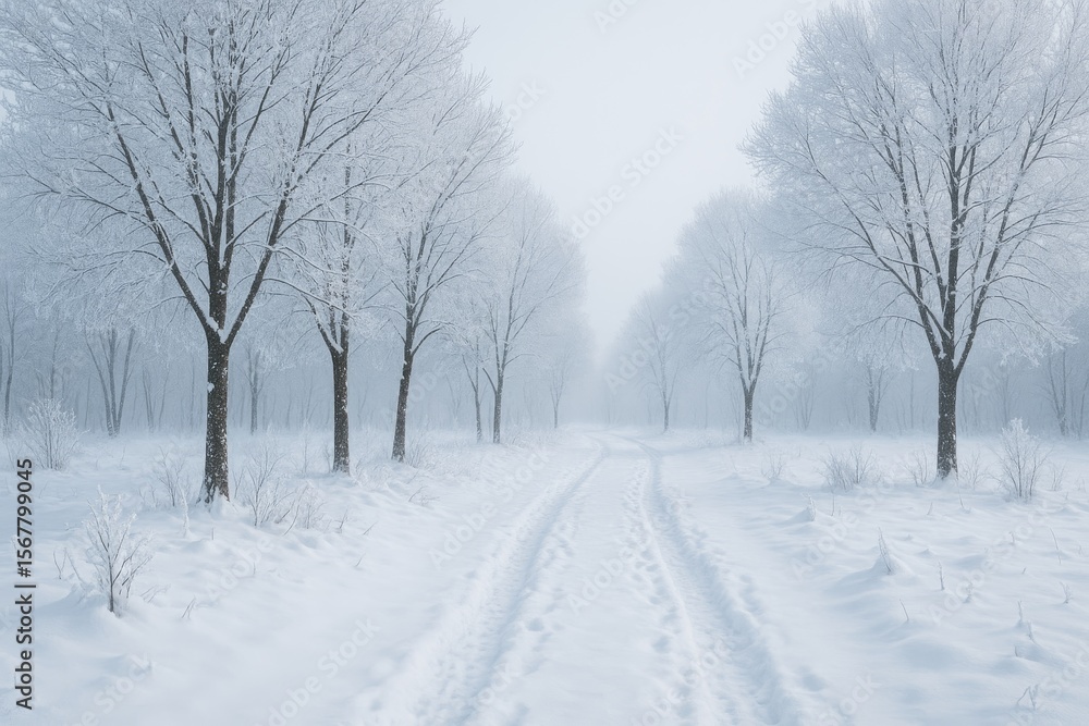 Fototapeta premium Frozen snow-covered trees and winding paths