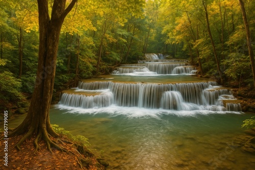 Majestic waterfall nestled in a lush, dense forest scene