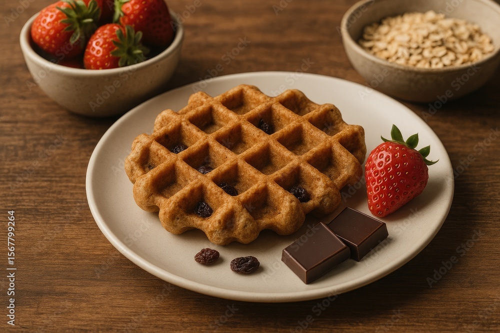 Healthy homemade waffle with raisins in a rustic setting, close-up view of a whole wheat breakfast treat Healthy homemade waffle with raisins in a rustic setting, close-up view of a whole wheat breakfast treat