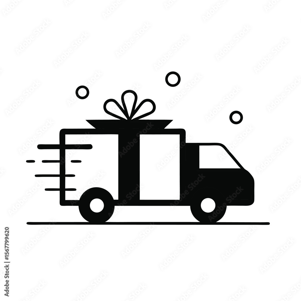 Black delivery truck carrying a gift box ribbon Black delivery truck carrying a gift box ribbon