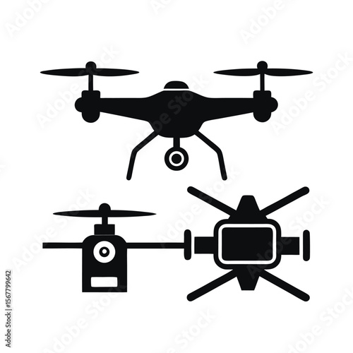 Black drone icons with camera and propellers quadcopter aerial