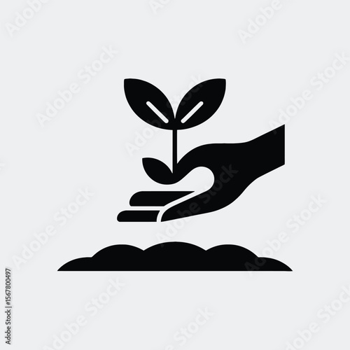 Black Silhouette Icon Depicting a Hand Gently Planting a Small Sprout into Dark Soil a Simple Minimalist Graphic Representing Growth Nurturing and Environmental Themes