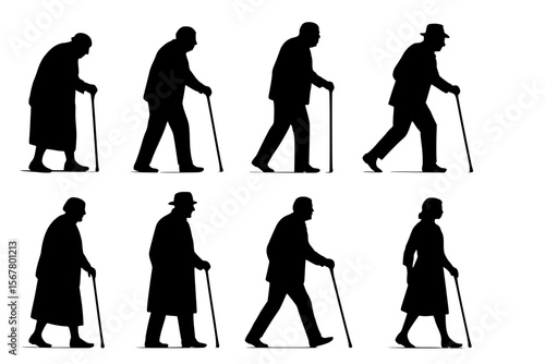 Silhouettes of Elderly Figures Walking with Canes on White Background