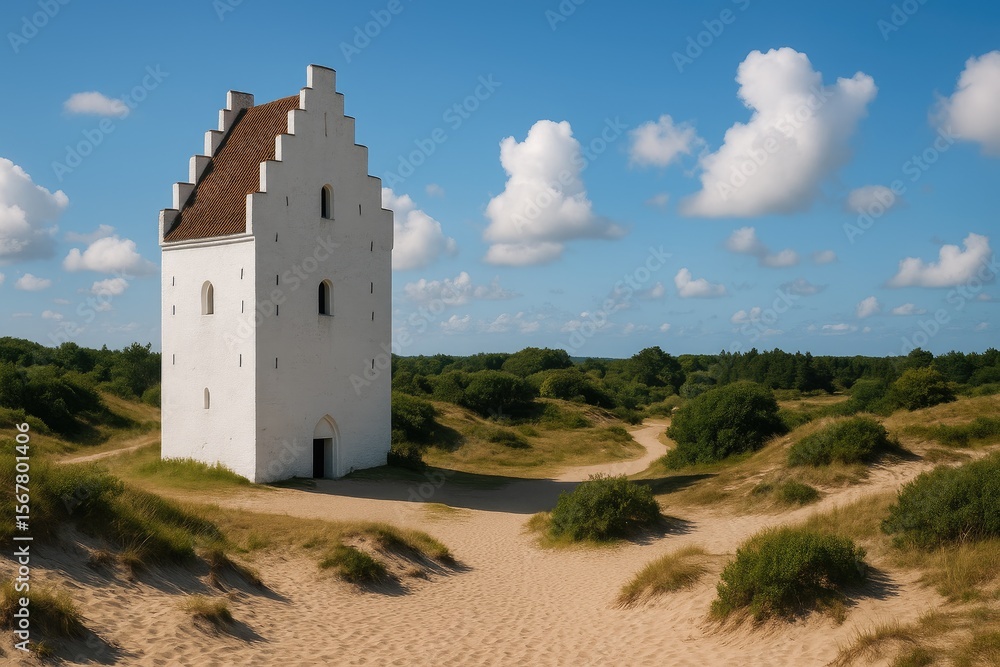 Fototapeta premium Ancient and renowned church buried beneath the sand in a northern coastal town